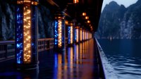 Illuminated pier with glowing blue and golden lanterns extending into calm waters at dusk, reflecting light on wet surface, mountains visible in misty background.