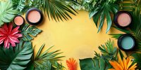 Tropical makeup frame with green palm leaves, exotic flowers and cosmetic products on vibrant yellow background. Creative flat lay composition with copy space.