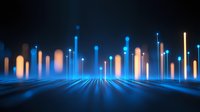 Abstract glowing blue and orange light pillars rising from illuminated grid lines against dark background, creating futuristic technological landscape effect.