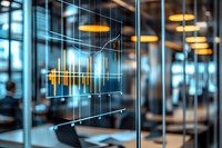 Financial data visualization on glass wall with glowing orange graph bars and blue digital interface in modern corporate office environment with ambient lighting.