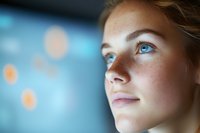 Close up portrait of young woman with bright blue eyes and freckles looking up dreamily against blurred bokeh lights background, soft natural lighting.