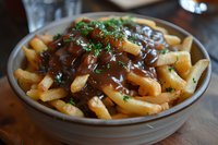 Crispy french fries topped with rich brown gravy and fresh chopped parsley served in gray ceramic bowl, classic comfort food dish for restaurant menu.