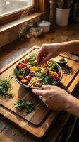 Person with light skin tone preparing a colorful grain bowl with roasted vegetables, fresh herbs, and edible flowers on a wooden surface near a sunlit window for healthy eating and meal preparation.