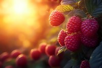 Fresh ripe raspberries growing on bush with warm golden sunlight creating beautiful bokeh background for organic farming and healthy eating concepts.