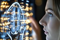 Young woman observing glowing futuristic holographic interface with neural network visualization against dark background with bokeh lights and reflections.