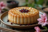 Elegant caramel cheesecake decorated with swirled pattern and fresh cranberries on wooden plate, pink lily flowers, rustic setting, soft natural lighting.