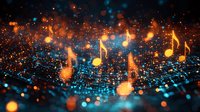 Glowing musical notes float over digital wave grid with orange and blue light particles creating magical atmosphere for music and entertainment concepts.