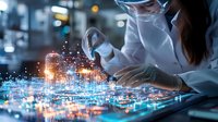 Female scientist in protective equipment examining futuristic holographic city projection with glowing data visualization and digital technology interface in laboratory.
