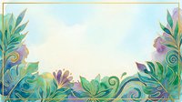 Ornamental botanical frame with swirling leaves and purple flowers in watercolor style, isolated on cream background for design projects and decorative layouts.