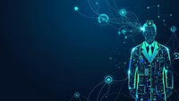 Digital businessman silhouette with glowing circuit patterns and network connections on dark blue tech background for AI and business concepts.