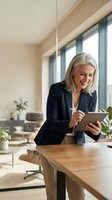 Mature Caucasian businesswoman using tablet in modern office space, smiling while working on digital device at wooden desk near windows.