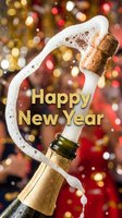 Champagne bottle popping with foam and cork flying, golden Happy New Year text, bokeh party lights background, festive celebration concept.