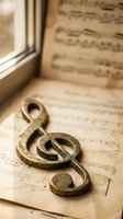 Vintage brass treble clef symbol resting on aged sheet music near window with warm natural lighting creating nostalgic musical atmosphere for classical compositions.