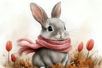Adorable gray bunny wearing pink knitted scarf surrounded by red tulips and autumn leaves, digital art illustration in soft watercolor style for greeting cards.