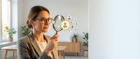 Professional businesswoman with glasses using magnifying glass for detailed analysis and research in modern office environment.