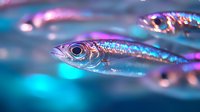 Macro shot of small silver fish with iridescent scales reflecting blue and pink neon lights against turquoise water background, creating dreamy underwater atmosphere.