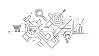 Business strategy and marketing concept with interconnected line icons including gears, target, lightbulb, charts and shopping cart on white background.