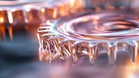 Macro shot of frozen icicles with warm glowing bokeh background creating abstract winter pattern. Crystalline formations catch and reflect light in mesmerizing circular shapes.