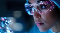 Young woman wearing futuristic glowing glasses with network visualization effects against dark background with bokeh lights, representing augmented reality and digital innovation.