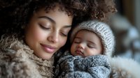 Young African American mother and baby sleeping peacefully together, wearing cozy winter knit sweaters and hat, intimate tender moment captured in soft natural light.