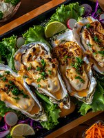 Grilled oysters with spicy sauce, fresh herbs and lime on lettuce bed. Gourmet seafood appetizer served on black plate with colorful vegetables and citrus garnish.