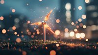 Glowing dandelion seed illuminated by warm bokeh lights against dark background, creating magical atmosphere with sparkles and shallow depth of field.