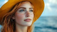 Young redhead woman with freckles wearing yellow sun hat gazes thoughtfully at horizon against blue ocean background, natural beauty portrait in warm sunlight.