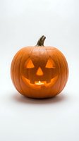 Carved Halloween pumpkin jack-o-lantern with glowing candle light isolated on white background for autumn holiday decorations and seasonal designs.