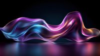 Flowing abstract waves in vibrant neon colors of pink, blue, and orange create dynamic motion against dark background with reflective surface, suitable for modern design projects.