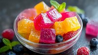 Colorful fruit jelly cubes with fresh berries and mint leaves in glass bowl on dark background, sweet dessert with natural ingredients and vibrant colors.
