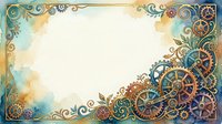 Steampunk ornamental frame with golden gears, cogs, and decorative swirls on watercolor background. Isolated design element suitable for invitations, posters, and digital projects.