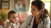 Female pediatrician in white coat with stethoscope examining baby patient during checkup visit, showing caring and professional approach in medical office setting.