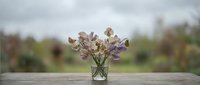 Purple sweet pea flowers in glass vase on wooden table with blurred garden background for home decor and floral arrangement concepts.