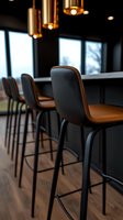 Modern bar counter with leather stools and pendant lights in contemporary restaurant interior. Minimalist design with warm lighting creates cozy atmosphere.