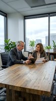 Two business professionals review documents together at wooden table in modern high-rise office with city skyline views, discussing strategy and collaboration in corporate workplace setting.