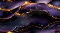 Cosmic abstract background with flowing golden glitter waves on dark purple space. Magical starry night sky pattern with shimmering gold dust trails.