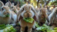 Group of adorable lop-eared rabbits eating fresh green lettuce leaves in outdoor setting, showcasing natural animal behavior.