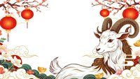 Chinese New Year goat zodiac animal with red lanterns and cherry blossoms on white background for holiday greeting cards and festive decorations.