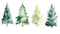 Watercolor pine trees collection in green and gold tones on white background, winter holiday seasonal design elements for greeting cards and festive decorations.