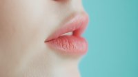 Close-up view of natural pink lips against turquoise background showing smooth skin texture and gentle makeup application for beauty and cosmetic industry use.