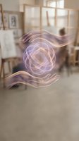 Glowing purple energy sphere floating between protective hands in modern office space representing innovation, creativity and business solutions.