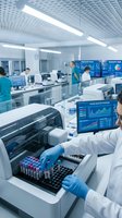Modern medical laboratory with scientists conducting blood analysis using automated equipment and digital monitoring systems for healthcare research.
