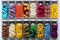 Colorful pharmaceutical capsules and pills arranged in glass jars, organized by color from blue to purple, creating rainbow pattern display of medication and supplements.