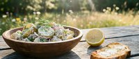 Potato salad with fresh herbs and lemon served in wooden bowl on rustic table outdoors, perfect for summer picnics and food styling.