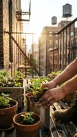 Urban rooftop gardening with person tending seedlings in terracotta and recycled containers overlooking city skyline at golden hour, sustainable living and green space cultivation.