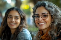 Two young diverse women with curly hair smiling outdoors in natural light, wearing glasses and casual clothing for friendship and lifestyle concepts.