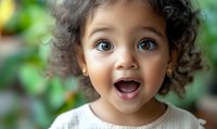 Excited mixed race toddler girl with curly hair and bright blue eyes showing genuine surprise and joy expression against blurred natural background.