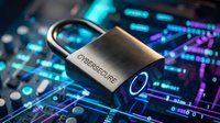 Metal padlock with cybersecurity text on illuminated circuit board with glowing blue and purple lights representing data protection and network security.