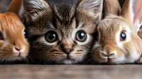Close up portrait of three adorable pets - kitten with bright eyes between two rabbits looking directly at camera, creating heartwarming composition.