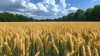 Golden wheat field stretches to forest edge under dramatic summer sky with white puffy clouds, showcasing mature crop ready for harvest. Agricultural landscape.